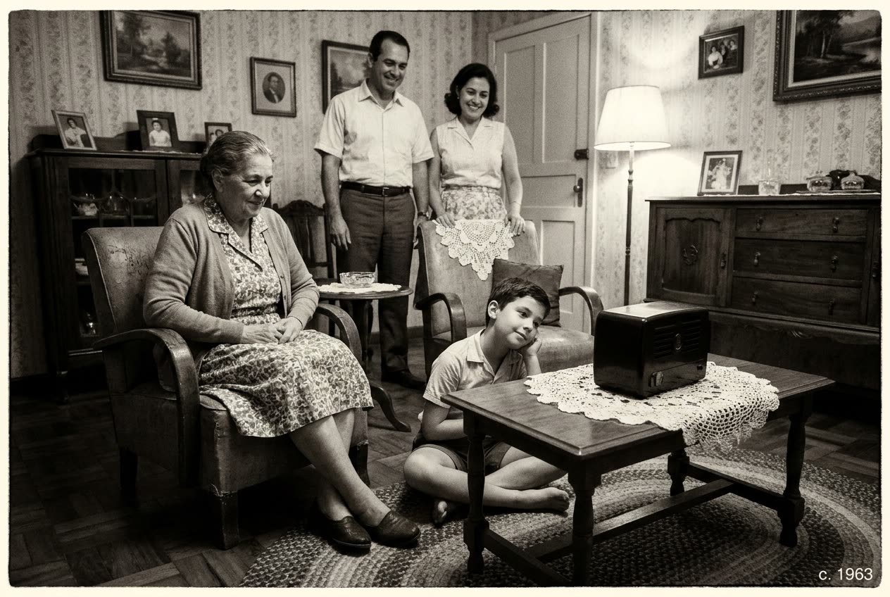 Família reunida na sala ao redor de um rádio de baquelite, anos 1960